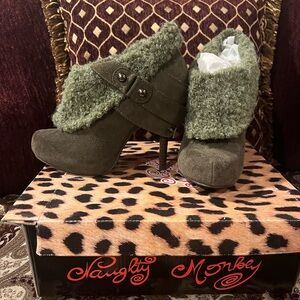 Naughty Monkey Women's Taupe Heeled Genuine Suede Shearling Booties